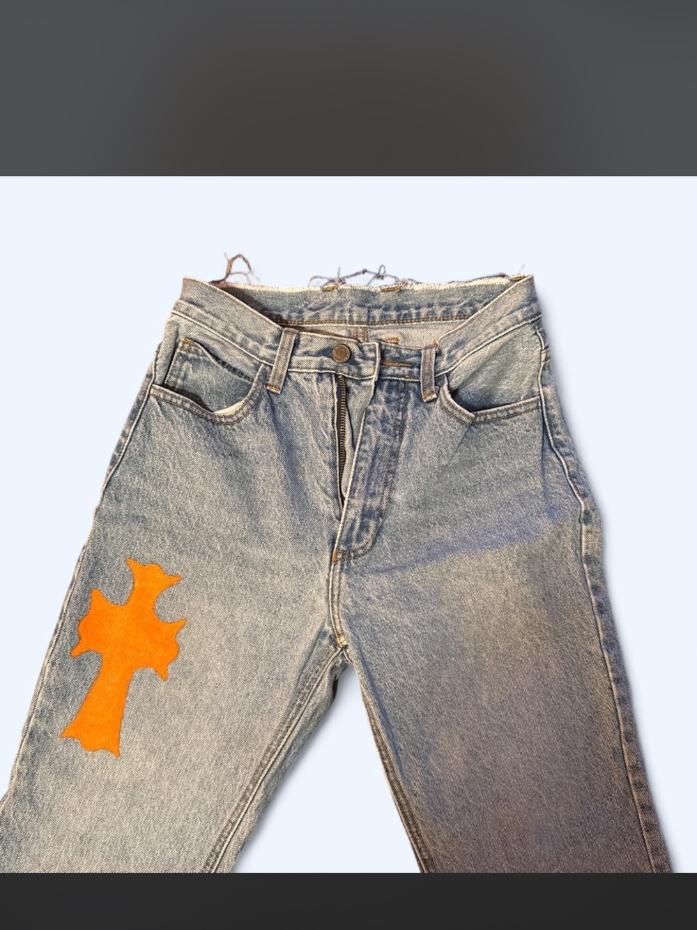 Denim Jeans with Orange Cross Paint